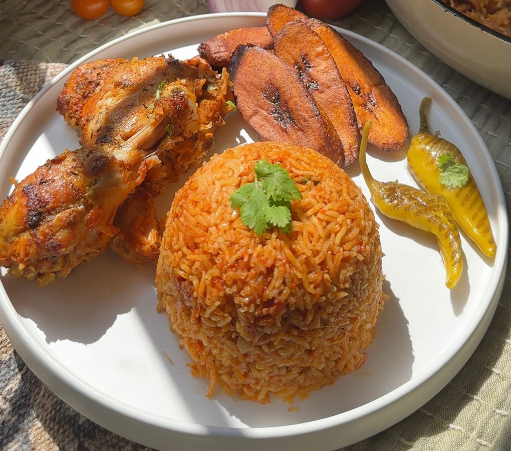 Jollof  Rice with Goat Meat and Plantain